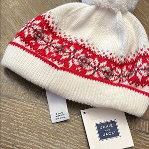 Janie and Jack Red and White Kids Pom-Pom Hat 3-6 Mnths